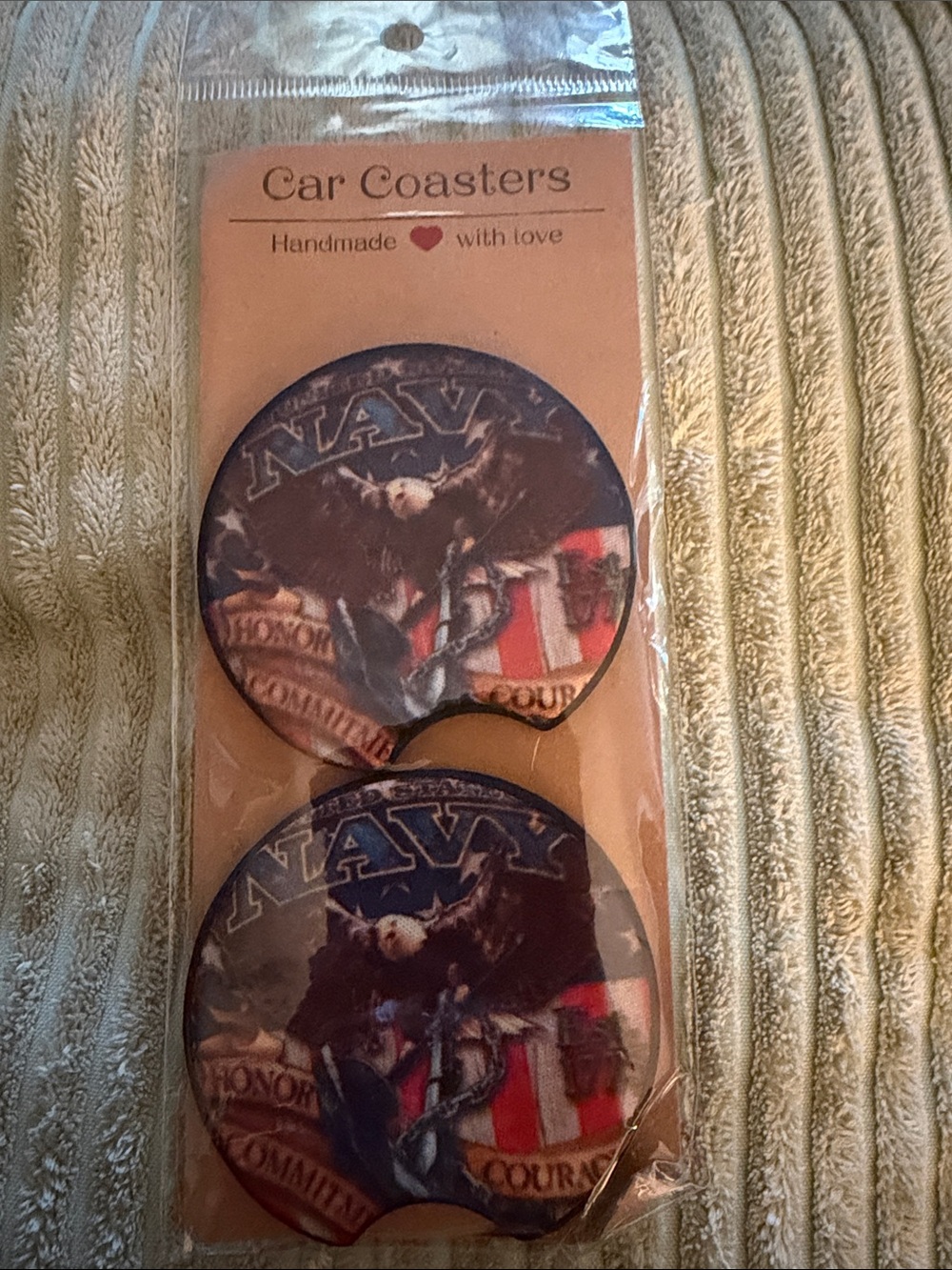 Car Coasters Navy Eagle Design - Set of 2 - Red, Blue, Brown, NEW!